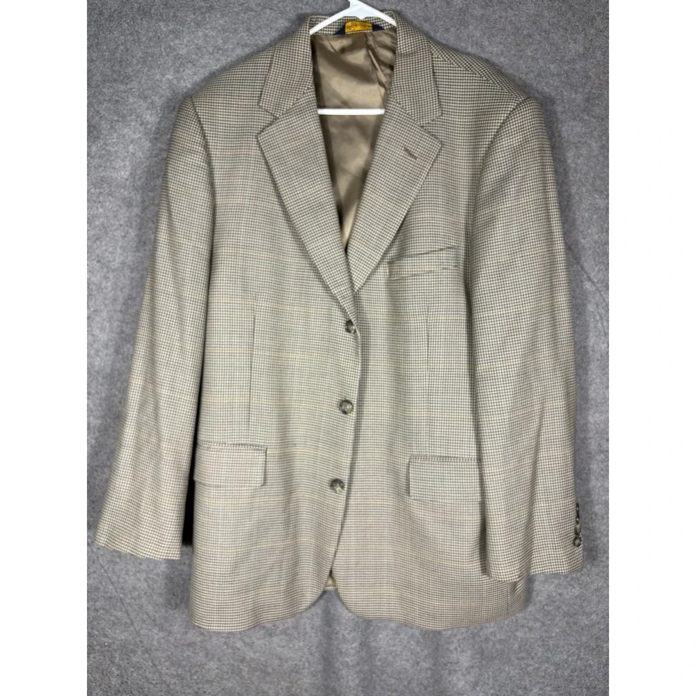 Brooks‎ Brothers Mens 46R Worsted Wool Houndstooth Sport Coat Blazer Tan Grey